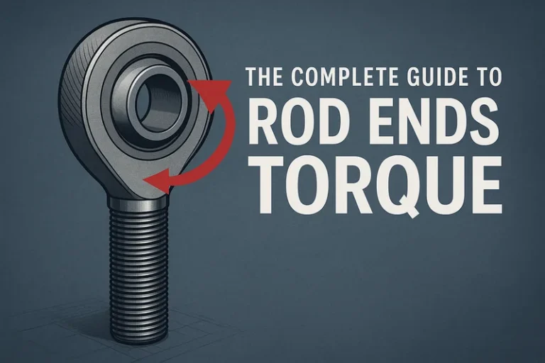Technical blog cover image showing a rod end bearing with a red torque arrow and the title The Complete Guide to Rod Ends Torque