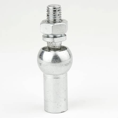 Chrome-plated bolt with a threaded top stud, hex nut, and rounded ball joint on a cylindrical shaft, standing upright against a white background.