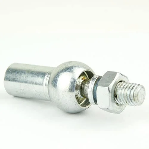 Close-up of a metal bolt with a hex nut on a white background.