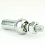 Close-up of a chrome metal hose/pipe connector with a threaded stud and hex nut on a white background